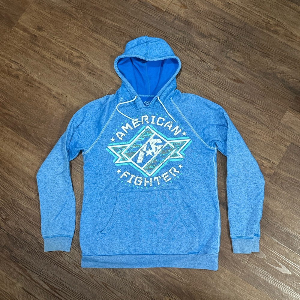 American Fighter Hoodie Sweatshirt Pullover MMA Fighter Training Blue Mens Small